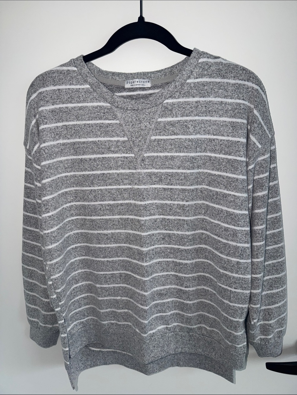 Paper Crown Gray & White Striped Scoop Crew Sweater